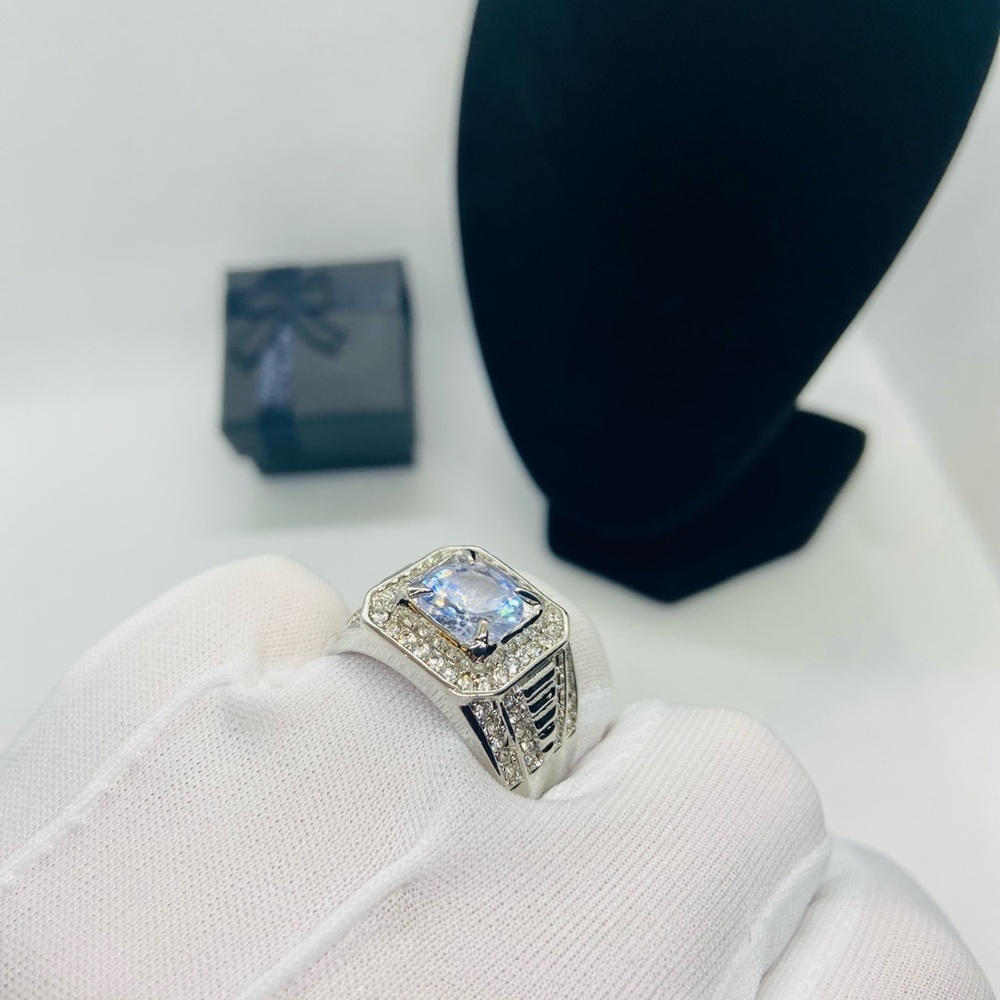 NEW Men Silver Square Diamond Wide Band Ring - Picture 10 of 11